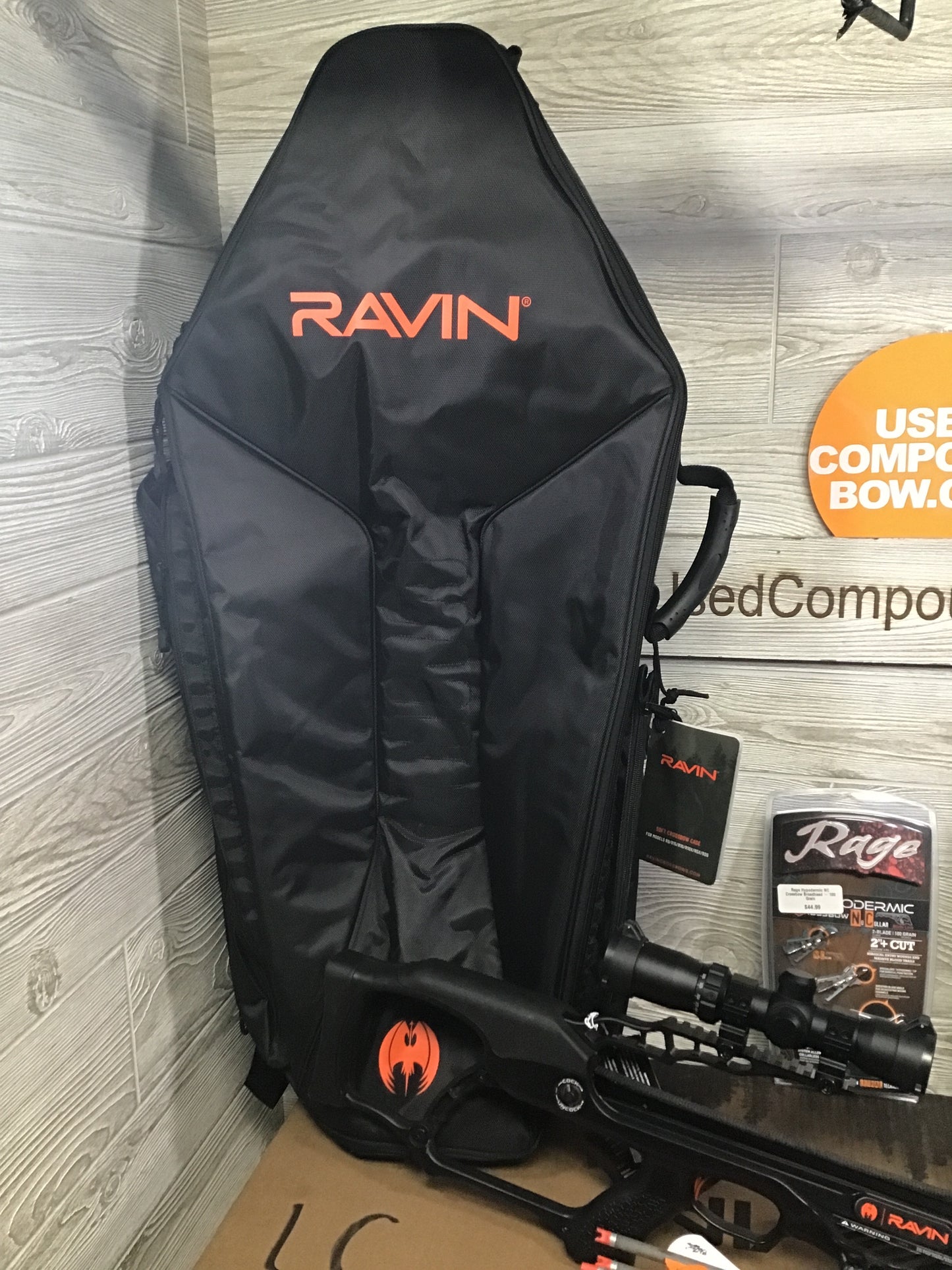 Brand new Ravin R10 crossbow package R014 NEW IN BOX of lighted bolts, Ravin Case, Broadheads, Serving Fluid, and Ravin Sling