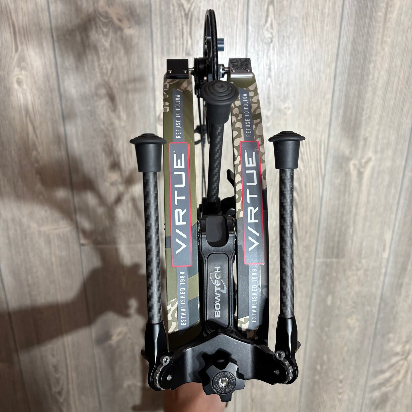 Used Bowtech Virtue Right Hand Black with Kuiu Limbs 60lb with SystmX strings + Bowtech Stand