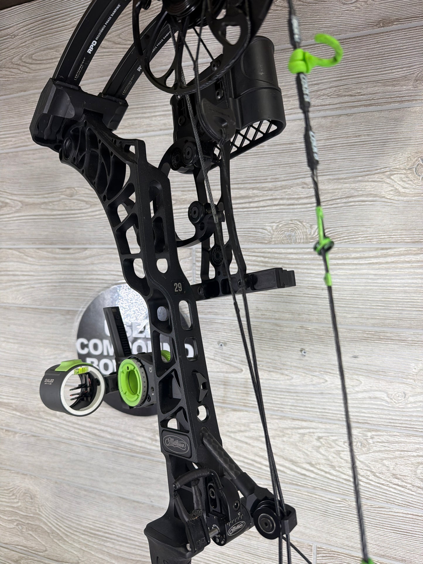 Used Mathews Phase 4-29 Right Hand Black Bow Package W/ Custom Dialed Pruf
