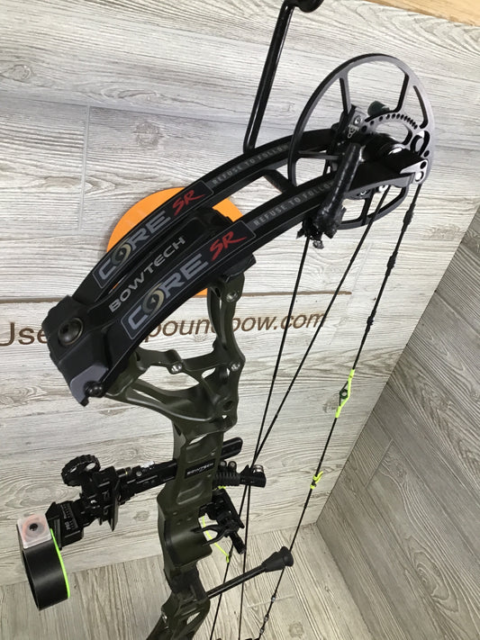 Used Bowtech Core SR 60-70lbs RH OD Green and Black Bow Hunter Package