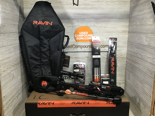 Brand new Ravin R10 crossbow package R014 NEW IN BOX of lighted bolts, Ravin Case, Broadheads, Serving Fluid, and Ravin Sling
