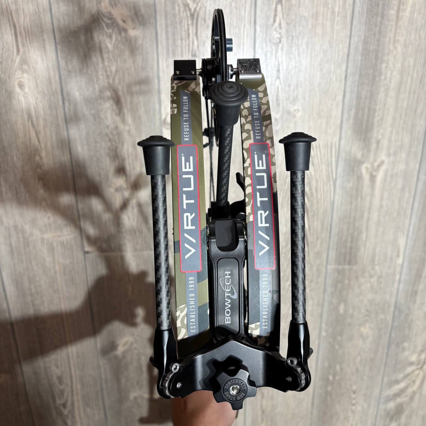 Used Bowtech Virtue Right Hand Black with Kuiu Limbs 60lb with SystmX strings + Bowtech Stand